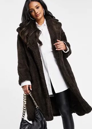 Oversized-пальто из искусственного меха шоколадно-коричневого цвета QED London-Коричневый