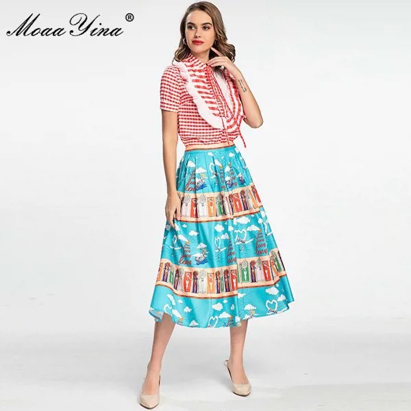 MoaaYina, Модные Дизайнерские летние юбки, женские красные клетчатые рубашки с коротким рукавом и синие юбки с принтом, комплект из двух предмет...