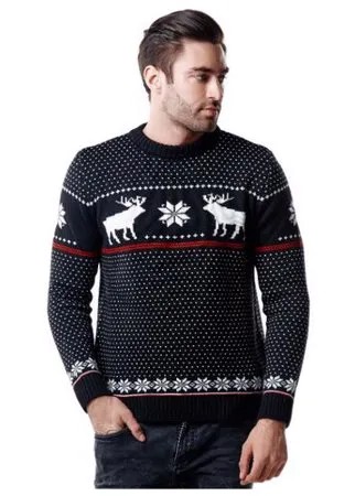 Шерстяной свитер, классический скандинавский орнамент, Олени и снежинки, натуральная шерсть, черный и белый цвет, размер M