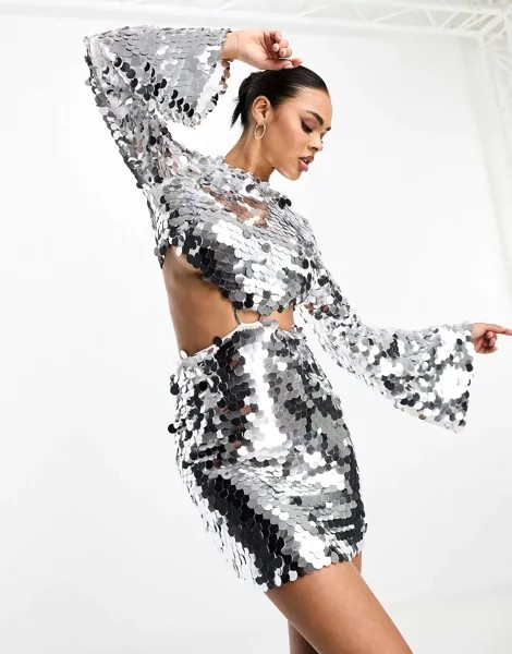 Эксклюзивное серебристое мини-платье с дисками и пайетками Collective the Label
