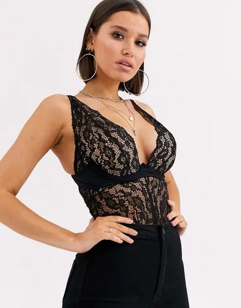 Кружевное боди с глубоким вырезом и чашечками на косточках ASOS DESIGN Azmiya-Черный