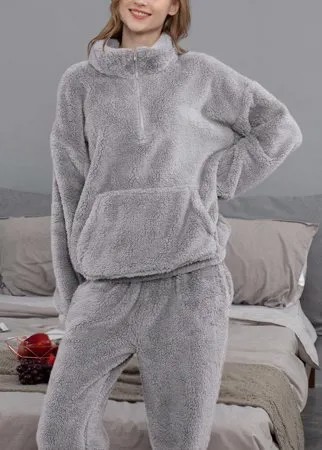 Женское Чистый плюшевый пушистый пуловер с карманами-кенгуру, высокий Шея Пижамный комплект на молнии спереди с бегуном