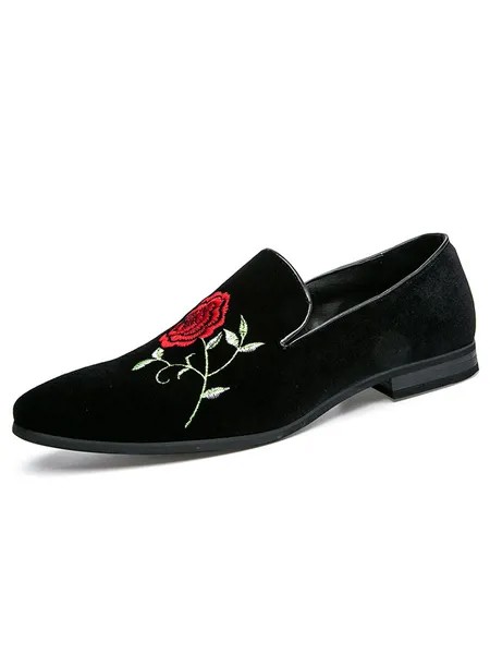 Milanoo  Mens Black Loafers Shoes Round Toe Rose Embroidered Slip On Shoes