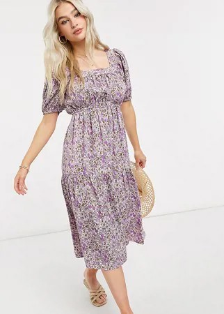 Платье миди лавандового цвета с пышными рукавами и цветочным принтом Influence Petite-Многоцветный