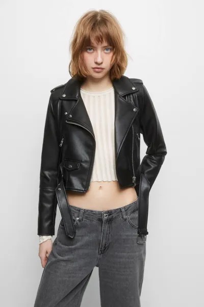Байкерская куртка из искусственной кожи Pull&Bear, черный