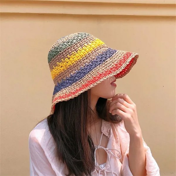 Летнее затенение Семицветная радужная соломенная шляпа Складная корейская версия all-match Literary Beach Hat