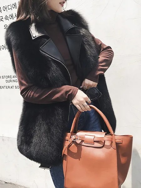 Milanoo Faux Fur Coats For Women Sleeveless Casual Turndown Collar Black Winter Coat