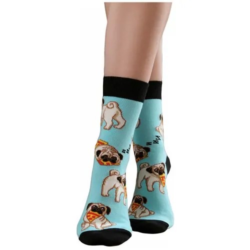 Женские носки с принтом LAMBONIKA Собачкино счастье, цвет: светло-бирюзовый,голубой, размер: 35-37