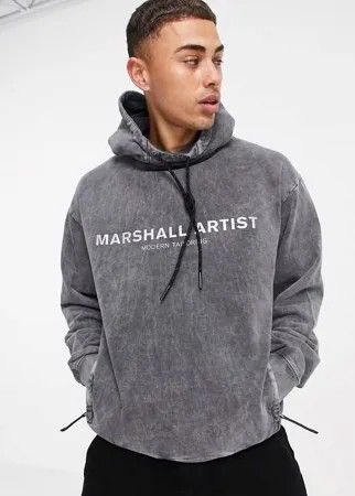 Oversized-худи серого цвета с эффектом кислотной стирки и светоотражающим логотипом Marshall Artist-Серый