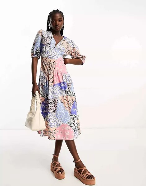Платье миди в стиле пэчворк с v-образным вырезом и цветочным принтом Influence