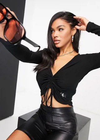 Черный лонгслив со сборками и шнурком Calvin Klein Jeans-Черный цвет
