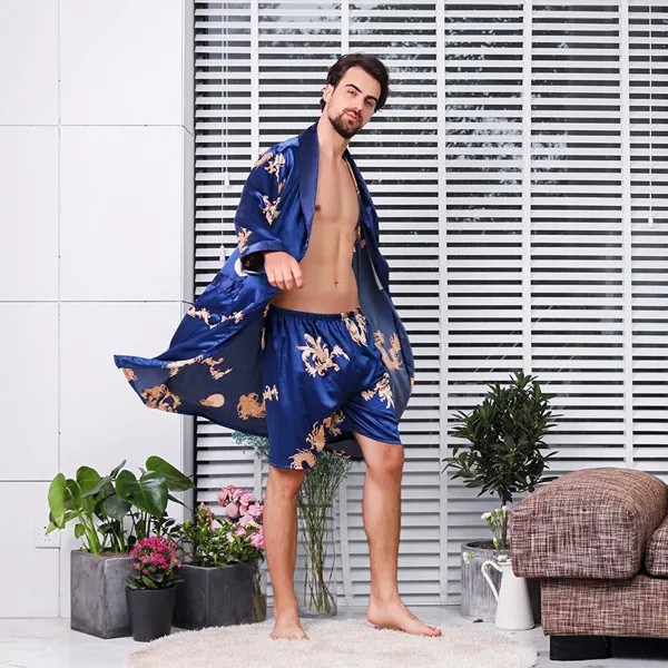 2шт Мужчины Кимоно Атлас Халат Искусственный Шелк Пижама Пижама Пижама Пижама Ночное платье + Шорты