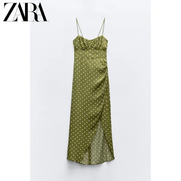 Новое летнее женское платье миди в горошек ZARA с подтяжками 3044768 071, цвет светло-бежевый/хаки