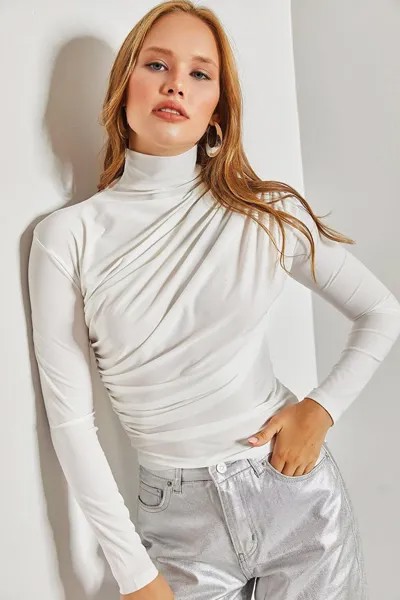 Женская блузка из яркой ткани со сборками и высоким воротником спереди SHADE