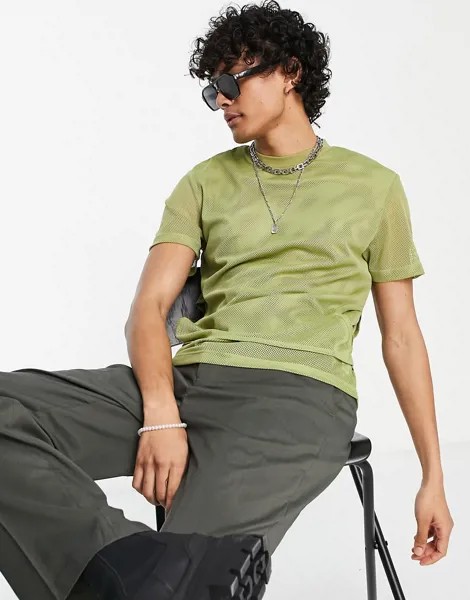 Двухслойная сетчатая футболка цвета хаки ASOS DESIGN-Зеленый цвет