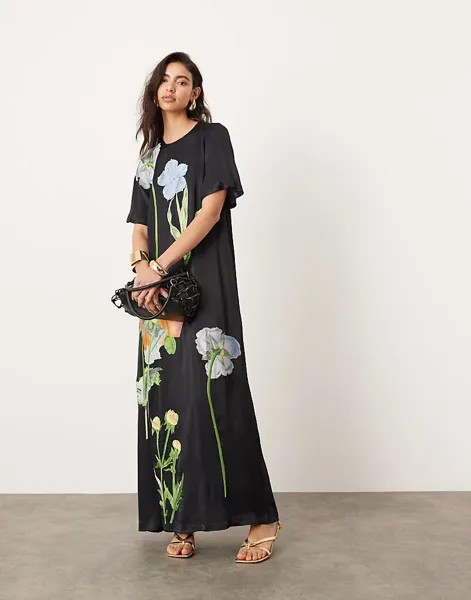 ASOS EDITION — черное атласное платье-футболка с вышитым цветочным узором
