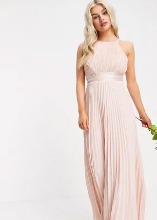 Плиссированное платье-сарафан макси для подружки невесты с атласным поясом ASOS DESIGN Petite Bridesmaid-Розовый цвет