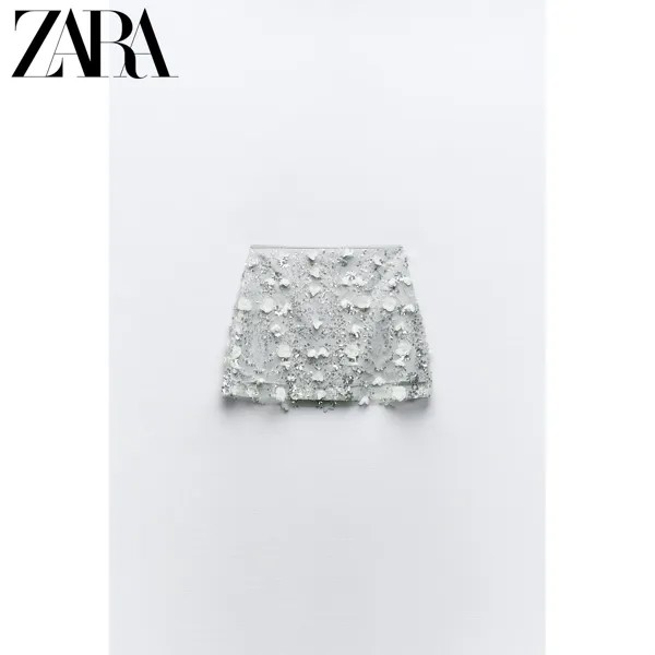 ZARA новая летняя женская мини-юбка из фактурной ткани с пайетками в форме цветка 3920079 808, цвет серебро