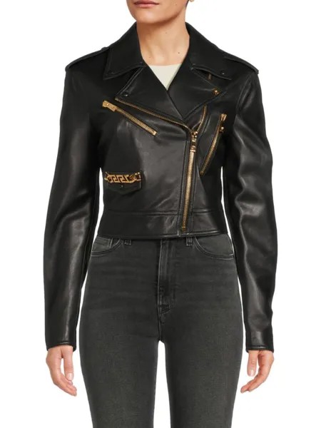 Кожаная укороченная байкерская куртка La Greca с цепочкой Versace, черный