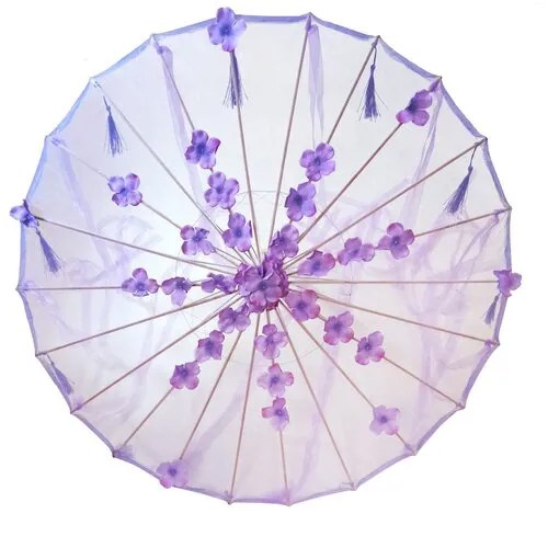 Зонтик китайский с лентами сиреневый / Зонт каракаса текстильный / Зонт для танца / Зонт трость