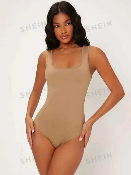 SHEIN BASICS Однотонное облегающее боди с квадратным вырезом, верблюд