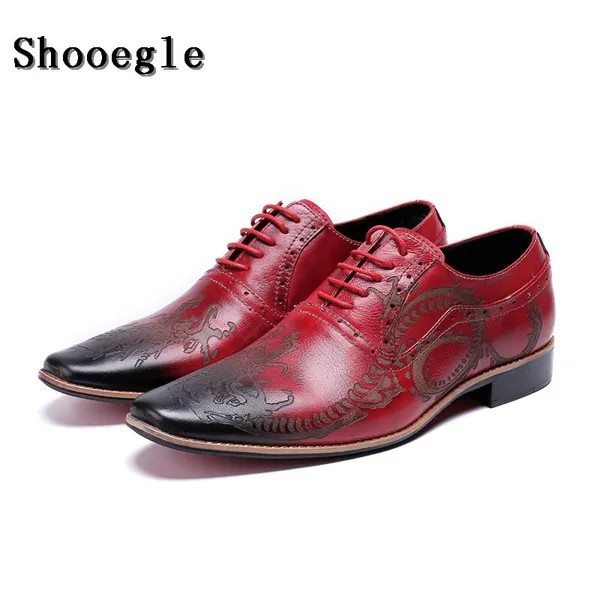 Мужские классические деловые туфли SHOOEGLE, красные кожаные оксфорды на шнуровке в стиле ретро, дизайнерские мужские оксфорды