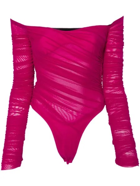 Mugler off-shoulder ruched bodysuit, розовый
