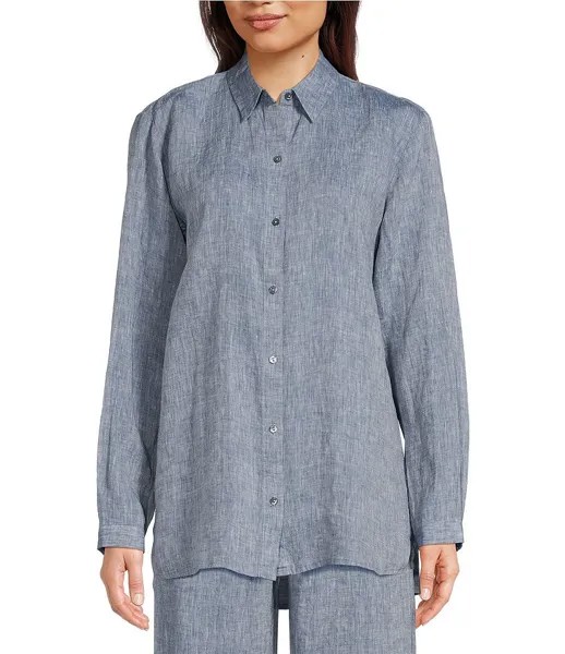 Eileen Fisher Маленькая размерная рубашка из шамбре, окрашенная в пряжу из органического льна, рубашка с острым воротником и длинными рукавами на пуговицах спереди, синий