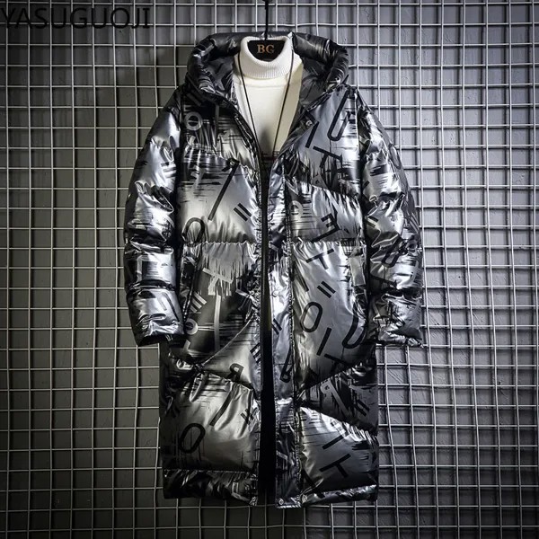 YASUGUOJI зимняя мужская куртка Толстая теплая парка Серебристая яркая длинная мужская хлопковая куртка с капюшоном размера плюс парка пальто