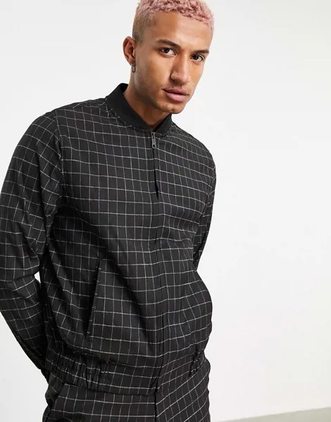 Темно-синий строгий бомбер в клетку от комплекта ASOS DESIGN-Черный