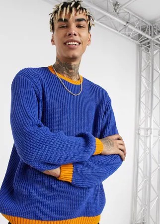 Синий вязаный oversized-джемпер в рубчик с контрастной отделкой ASOS DESIGN-Голубой