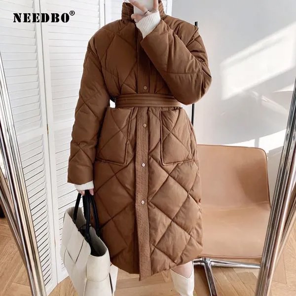 NEEDBO женское пуховое пальто с подкладкой, элегантная зимняя куртка, Женская парка Mujer, теплая Свободная Повседневная Верхняя одежда с воротн...