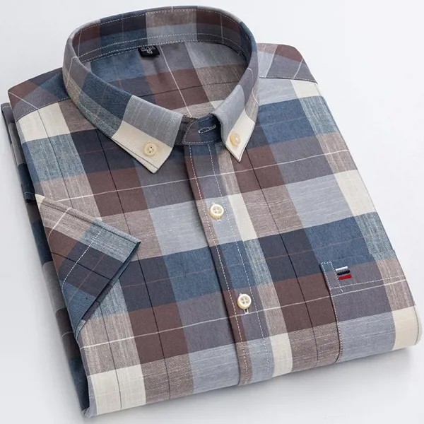 Классический клетчатый передний карман Оксфорд ткань хлопок повседневная рубашка с короткими рукавами