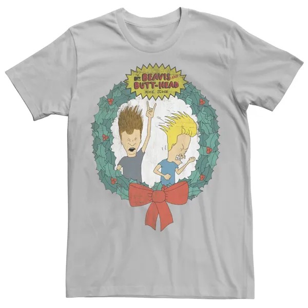 Мужская футболка с рождественским венком Cartoon Network Бивис и Баттхед Licensed Character, серебристый