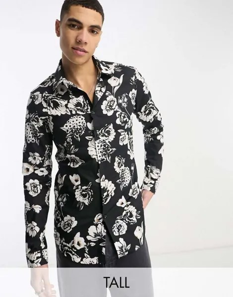 Черно-белая приталенная рубашка с длинными рукавами и цветочным принтом Devils Advocate Tall