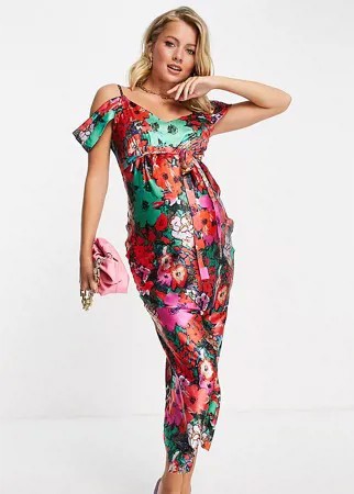 Атласное платье-комбинация мидакси с открытыми плечами и ярким цветочным принтом Hope & Ivy Maternity-Многоцветный