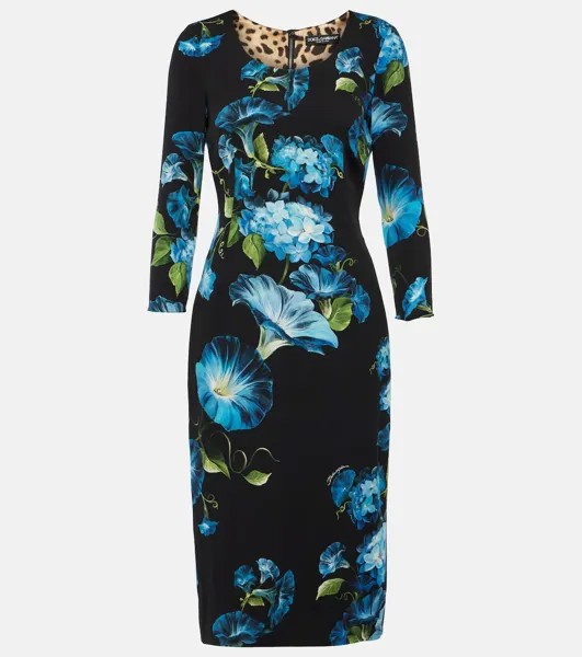 Платье миди из смесового шелка с цветочным принтом Dolce&Gabbana, синий
