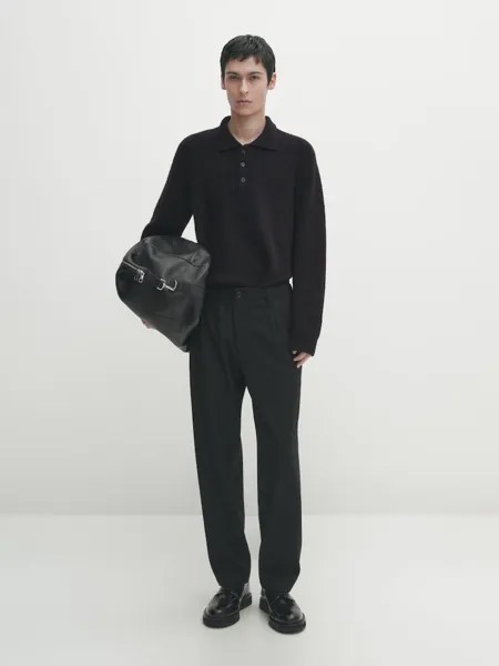 Свитер-Поло крупной вязки из смесового хлопка Massimo Dutti, синий