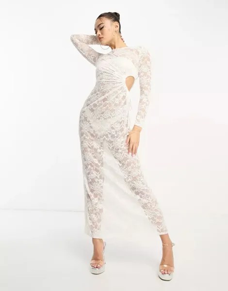 Прозрачное кружевное платье цвета слоновой кости со сборками Flounce London