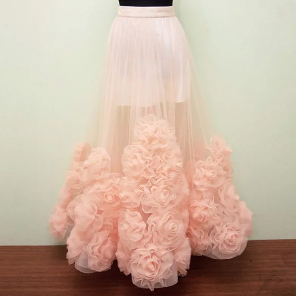 Вечерние юбки персикового цвета, из тюля, с рюшами, элегантная длинная юбка макси на заказ, Прозрачная женская юбка