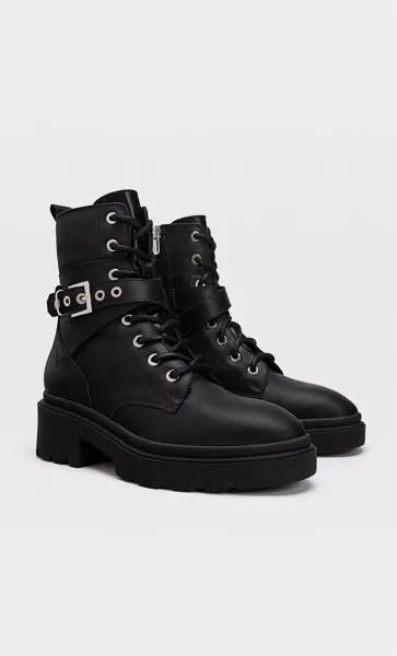 Stradivarius Черные Кожаные Ботильоны Со Шнуровкой Черный 37