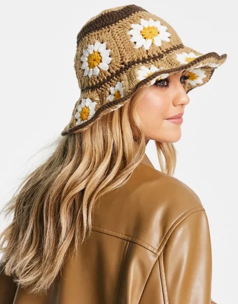 Коричневая панама вязки кроше с ромашками ASOS DESIGN-Коричневый цвет