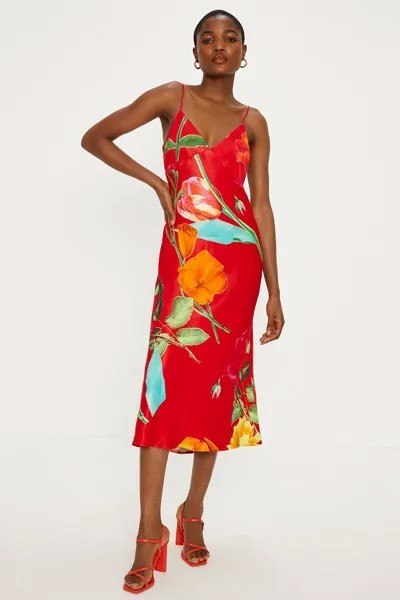 Атласное платье-комбинация большого размера с цветочным принтом Oasis, красный