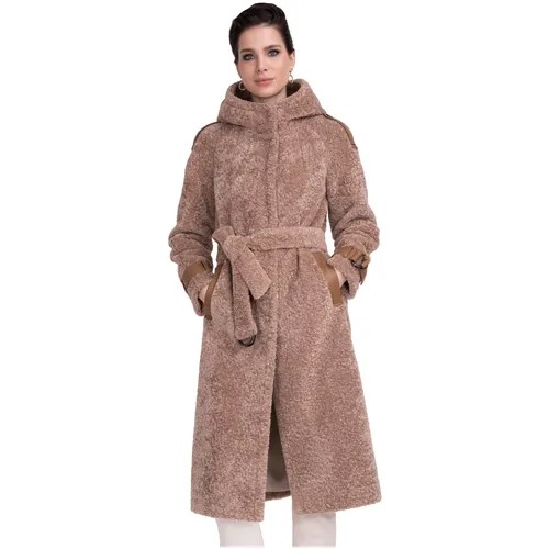 Пальто Electrastyle, искусственный мех, удлиненное, силуэт прямой, карманы, капюшон, пояс/ремень, размер 42, бежевый, коричневый