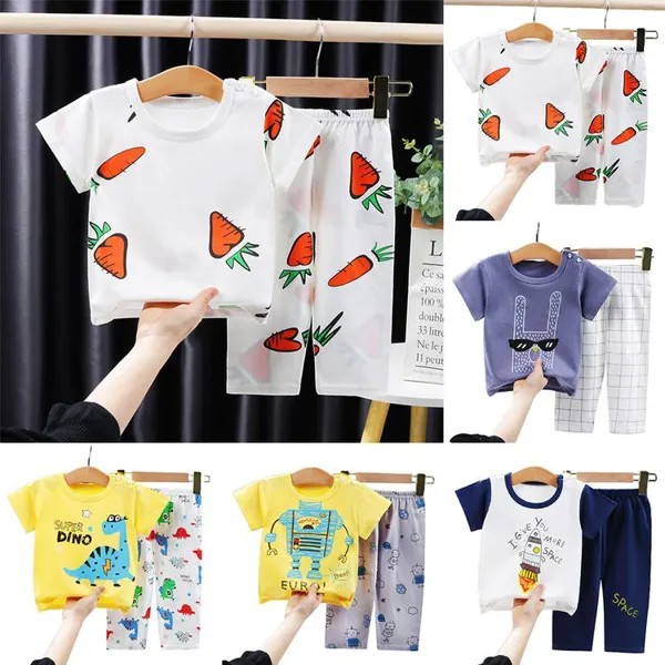 Baby Boys Girls Loungewear Suit Повседневный наряд с коротким рукавом Футболки + Брюки Пижама Комплект Детская ночная одежда