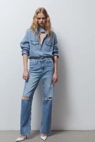 Прямые высокие джинсы H&M, синий