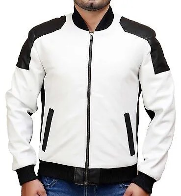 Мужская кожаная куртка-бомбер Slim Fit бело-черная натуральная мягкая перфорированная кожаная куртка