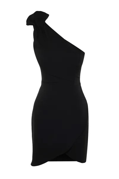 Черное стильное вечернее платье с воланами на одно плечо TPRSS22EL1397 Trendyol, черный