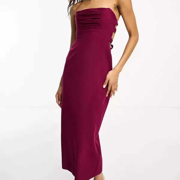 Платье Asos Design Pleat Bandeau Midi With Lace Up Back Detail, бордовый