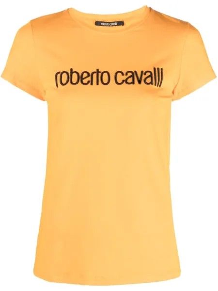 Roberto Cavalli футболка с вышитым логотипом и круглым вырезом, оранжевый